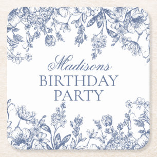Porta-copo De Papel Quadrado Favoritos de aniversário florais vintage em azul c