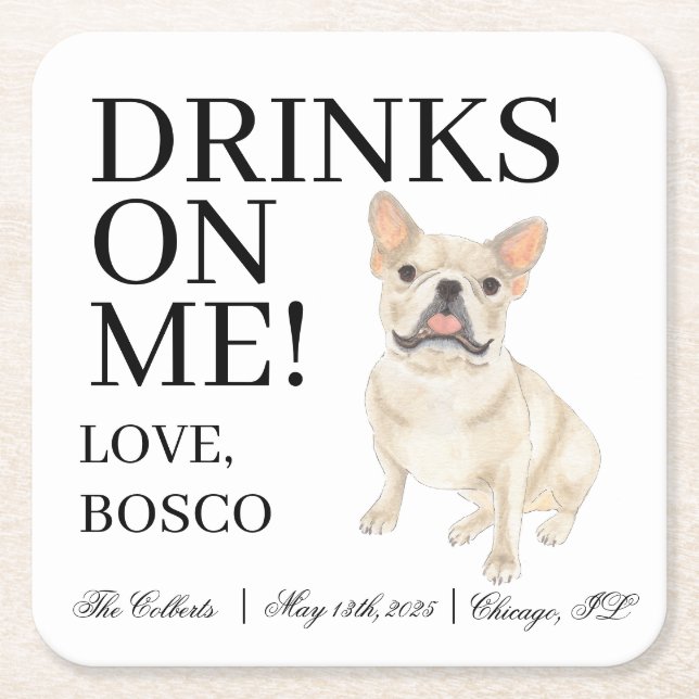Porta-copo De Papel Quadrado Fawn Tan Cream Frenchie French Bulldog Casamento (Frente)