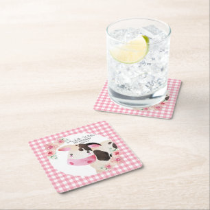 Porta-copo De Papel Quadrado Fazenda de Vaca Floral Rosa Gingham