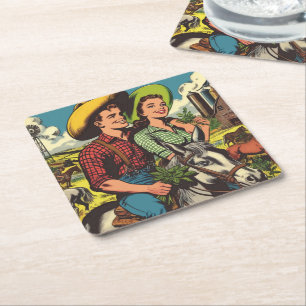 Porta-copo De Papel Quadrado Fazenda Vintage Histórias em quadrinhos Casais