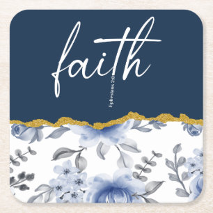 Porta-copo De Papel Quadrado Fé Efésios 2:8 Naval e Floral Cristã Azul