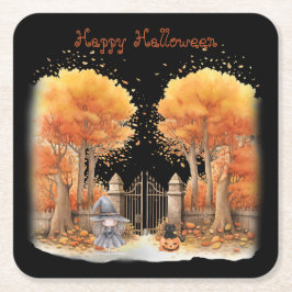 Porta-copo De Papel Quadrado Feiticeira e Gato fora do Portão Halloween