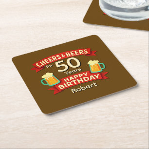 Porta-copo De Papel Quadrado Felicidades e Cervejas por 50 anos Feliz Aniversár