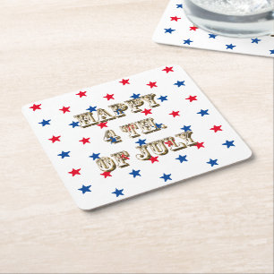 Porta-copo De Papel Quadrado Feliz 4 de julho, ouro, estrelas vermelhas azuis