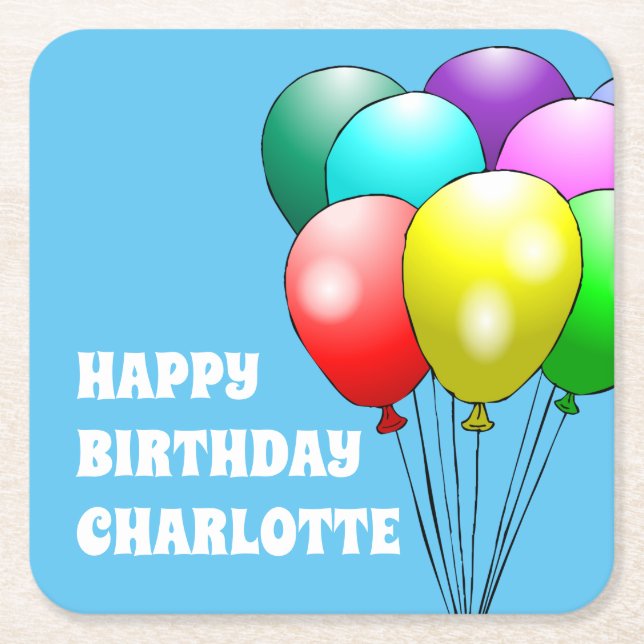 Porta-copo De Papel Quadrado Feliz Aniversário, Balões de Papel Portas copos (Frente)