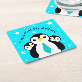 Porta-copo De Papel Quadrado Feliz Aniversário Bonito Pinguins Pescoços Azuis