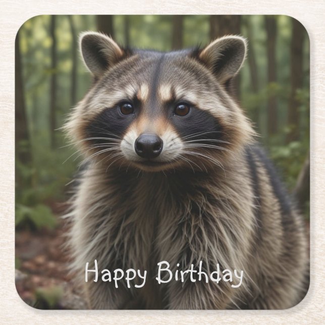 Porta-copo De Papel Quadrado Feliz Aniversário Cute Raccoon (Frente)