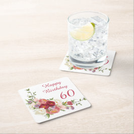 Porta-copo De Papel Quadrado Feliz Aniversário do Flor de Pênia Branca Rosa