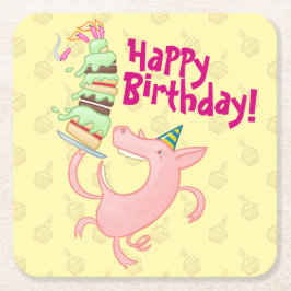 Porta-copo De Papel Quadrado Feliz Aniversário do Porco Engraçado! Cartoon de B