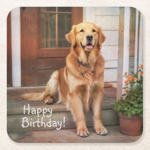 Porta-copo De Papel Quadrado Feliz Aniversário Ouro Retriever