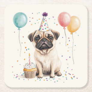 Porta-copo De Papel Quadrado Feliz Aniversário Pug Cachorro