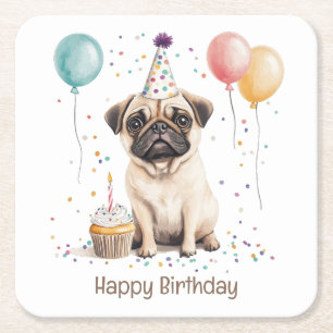 Porta-copo De Papel Quadrado Feliz Aniversário Pug Cachorro