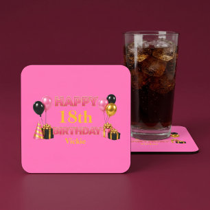 Porta-copo De Papel Quadrado Feliz Aniversário Qualquer Idade Rosa