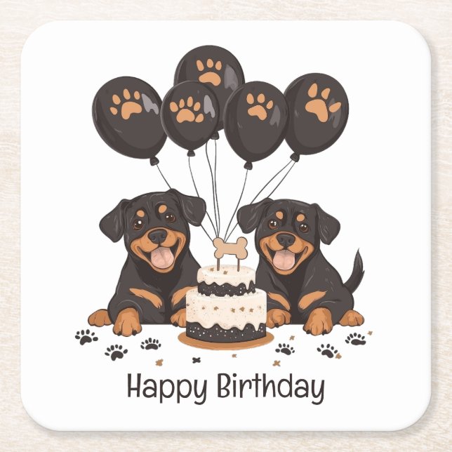 Porta-copo De Papel Quadrado Feliz Aniversário Rottweiler Cães (Frente)
