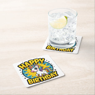 Porta-copo De Papel Quadrado Feliz Aniversário Unicórnio