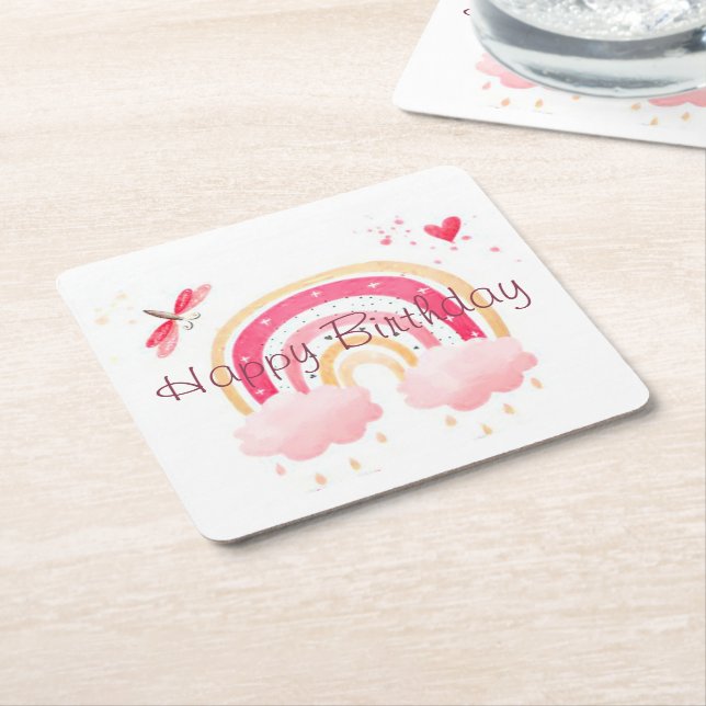 Porta-copo De Papel Quadrado Feliz arco-íris rosa de aniversário (Inclinado)