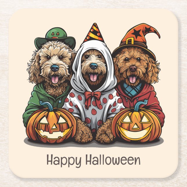 Porta-copo De Papel Quadrado Feliz Cachorro de Goldendoodle de Halloween (Frente)