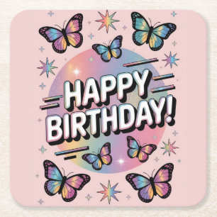 Porta-copo De Papel Quadrado Feliz Design de aniversário com borboletas colorid
