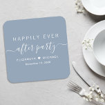 Porta-copo De Papel Quadrado Feliz Dia Após Festa, Casamento Azul<br><div class="desc">Portas copos empoeiradas de papel azul para a sua recepção de casamento e outras celebrações de casamento postado com "Felizmente Nunca Depois da Festa" em uma simples tipografia branca e um roteiro de 'swash' branco na moda,  seus nomes se juntaram por um coração e sua data de recepção.</div>