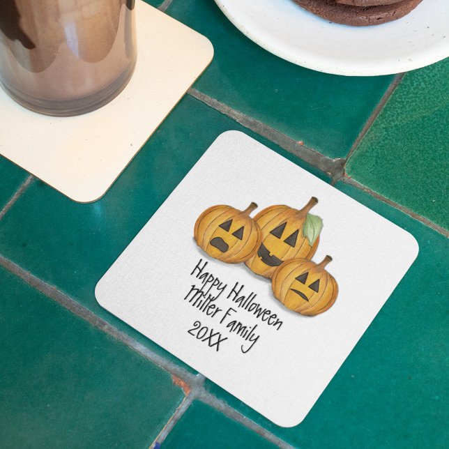 Porta-copo De Papel Quadrado Feliz Dia das Bruxas Bonitas Personalizado (Happy Halloween Pumpkins coaster)