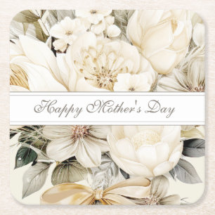 Porta-copo De Papel Quadrado Feliz Dia das Mães Creme marfim Floral script