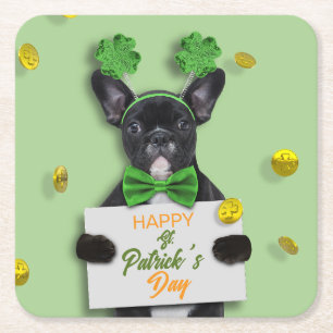 Porta-copo De Papel Quadrado Feliz Dia de São Patrício Trevo Cachorro Francês F