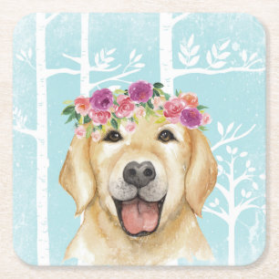 Porta-copo De Papel Quadrado Feliz Flor Animal na Floresta Azul - Retriever Cac