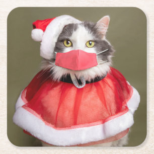 Porta-copo De Papel Quadrado Feliz gato de Natal em Santa Chapéu e Máscara