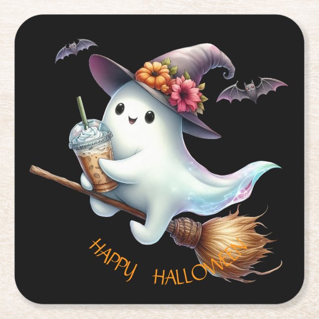 Porta-copo De Papel Quadrado Feliz Halloween (Frente)