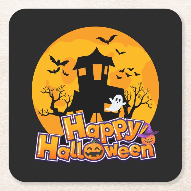 Porta-copo De Papel Quadrado Feliz Halloween Huneen House Moon (Frente)