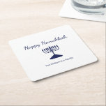 Porta-copo De Papel Quadrado Feliz Hanukkah Simple Menorah<br><div class="desc">Simples e feliz porta copos de jornal do Feriado Hanukkah,  com uma menorah azul e design de tipografia de script. Com a inscrição personalizável azul,  você pode adicionar suas próprias informações. Uma peça festiva para celebrar com amigos e entes queridos.</div>