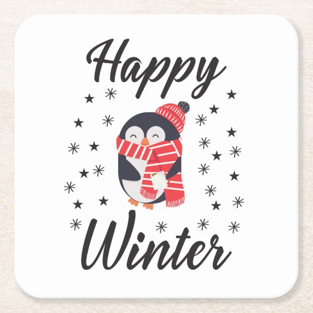 Porta-copo De Papel Quadrado Feliz Inverno, Pinguim Bonito (Frente)
