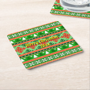Porta-copo De Papel Quadrado Feliz Natal 20XX Adicionar Texto Ano Knit de Natal