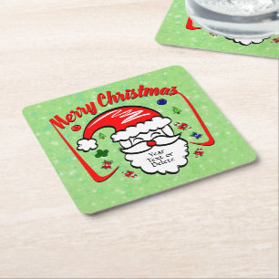 Porta-copo De Papel Quadrado Feliz Natal 20xx Papais noeis com Hat e Sparkles