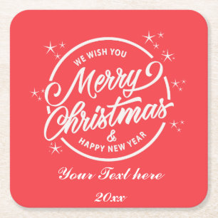 Porta-copo De Papel Quadrado Feliz Natal & Ano Novo Feliz, Tipografia Branca