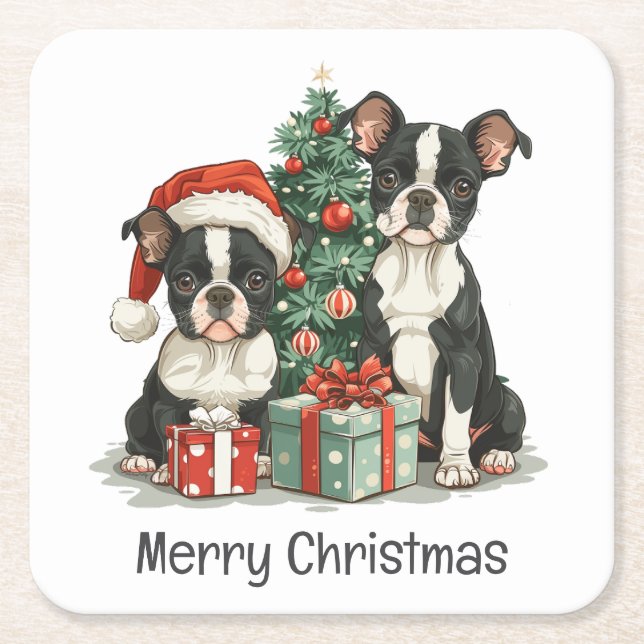 Porta-copo De Papel Quadrado Feliz Natal - Boston Terrier Dogs (Frente)