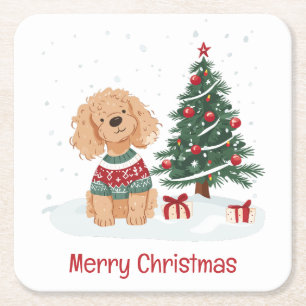 Porta-copo De Papel Quadrado Feliz Natal Cachorro Goldendoodle