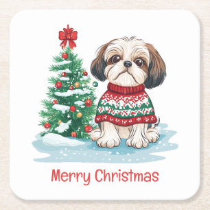 Porta-copo De Papel Quadrado Feliz Natal Cachorro Shih Tzu