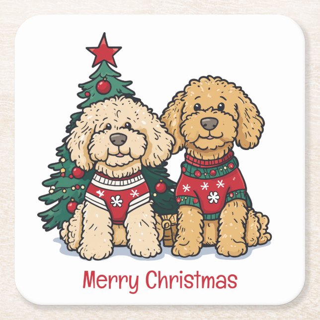 Porta-copo De Papel Quadrado Feliz Natal Cachorros de Goldendoodle (Frente)
