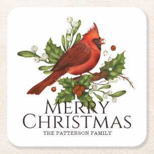Porta-copo De Papel Quadrado Feliz Natal - Cardeal Vermelho Holly Personalizado