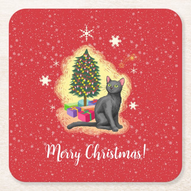 Porta-copo De Papel Quadrado Feliz Natal Cat (Frente)