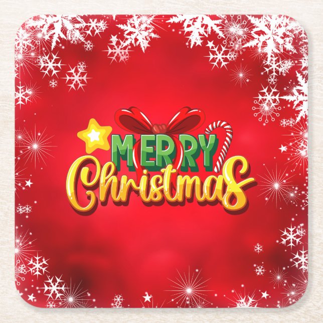 Porta-copo De Papel Quadrado Feliz Natal Feliz Natal Vermelho, feriado verde (Frente)