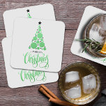 Porta-copo De Papel Quadrado Feliz Natal Feriado das Árvores Verdes Modernas<br><div class="desc">A árvore de Natal das bolas verdes e das estrelas pretas e a saudação MERRY CHRISTMAS são apresentadas sobre uma cinza clara e são características destas portas copos pesadas de papel. CORRESPONDENTE a itens na nossa coleção.</div>