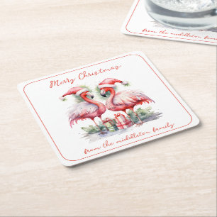 Porta-copo De Papel Quadrado Feliz Natal Flamingos Rosa