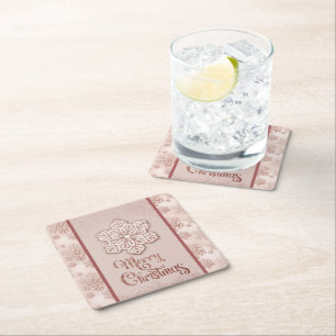 Porta-copo De Papel Quadrado Feliz Natal Flocos de Neve Rosa Dourado Rosa