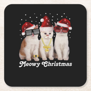 Porta-copo De Papel Quadrado Feliz Natal Gato Gato Com Papai Noel