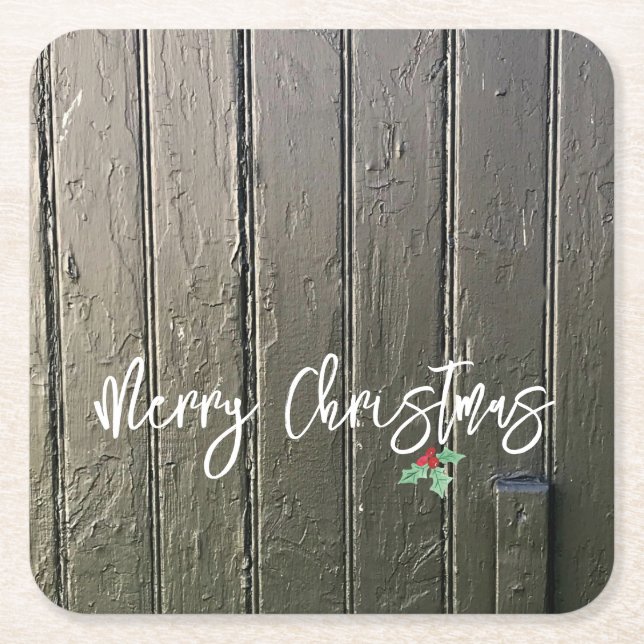 Porta-copo De Papel Quadrado Feliz Natal Holly Black Barn Door Farmhouse (Frente)