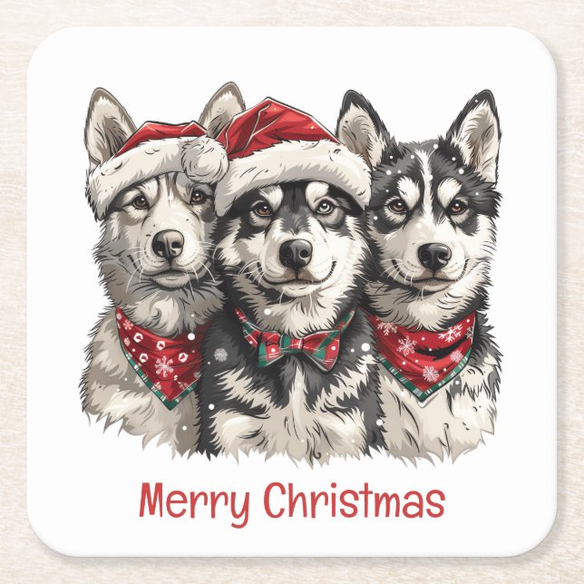 Porta-copo De Papel Quadrado Feliz Natal Huskies (Frente)