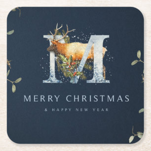 Porta-copo De Papel Quadrado Feliz Natal/Monograma/Arte de Veado
