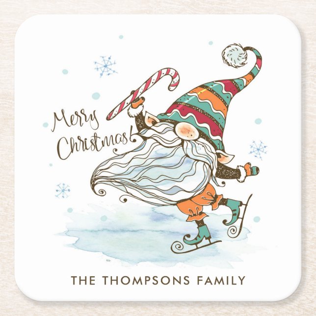 Porta-copo De Papel Quadrado Feliz Natal Nórdico Gnomo Personalizado (Frente)
